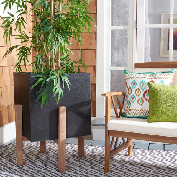 Safavieh BORSLA Large Planter - Modern Concrete Cube with Stylish Acacia Legs for Outdoor Spaces Upgrade Black PAT1513A