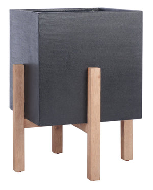 Safavieh BORSLA Large Planter - Modern Concrete Cube with Stylish Acacia Legs for Outdoor Spaces Upgrade Black PAT1513A
