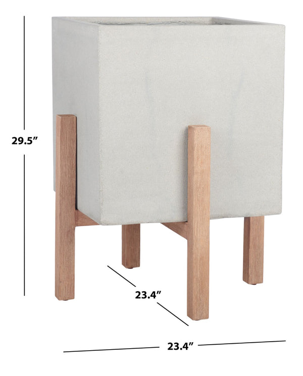 Safavieh BORSLA Large Planter - Modern Concrete Cube with Stylish Acacia Legs for Outdoor Spaces Upgrade Light Grey PAT1513B