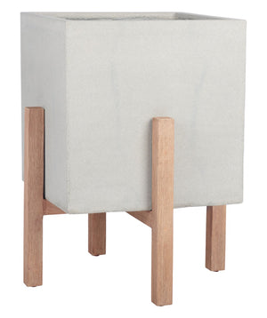 Safavieh BORSLA Large Planter - Modern Concrete Cube with Stylish Acacia Legs for Outdoor Spaces Upgrade Light Grey PAT1513B