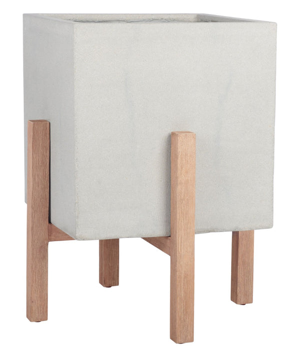Safavieh BORSLA Large Planter - Modern Concrete Cube with Stylish Acacia Legs for Outdoor Spaces Upgrade Light Grey PAT1513B