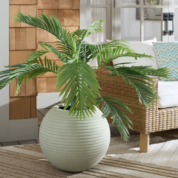 Mora Sculptural Planter In Muted Green Finish — Durable Ficonstone Sphere Pot For Indoor/Outdoor DéCor