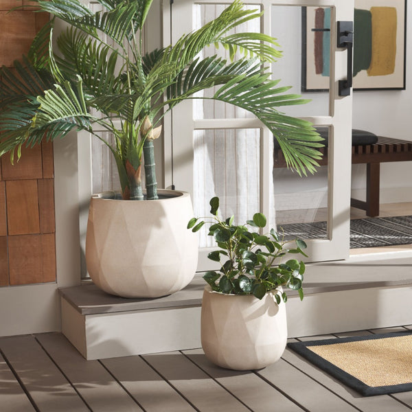 Safavieh KANE Planter Pot - Modern Matte Finish Outdoor Container for Stylish Indoor and Outdoor Spaces Beige PAT1536B-SET2
