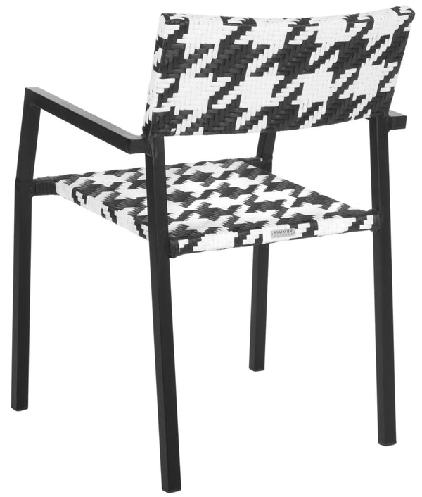Safavieh HALDEN Stackable Arm Chairs - Chic Black & White Houndstooth for Modern Outdoor Living Spaces PAT4001A-SET2