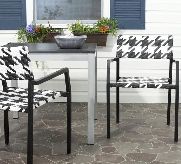 Safavieh HALDEN Stackable Arm Chairs - Chic Black & White Houndstooth for Modern Outdoor Living Spaces PAT4001A-SET2