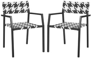 Safavieh HALDEN Stackable Arm Chairs - Chic Black & White Houndstooth for Modern Outdoor Living Spaces PAT4001A-SET2