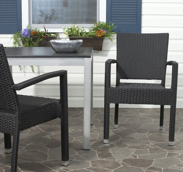 Safavieh KELDA Stylish Stackable Arm Chairs for Outdoor Living - Weather-Resistant, Comfortable Seating Set Black PAT4004A-SET2
