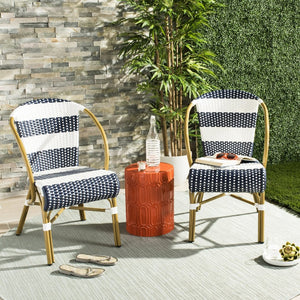 Safavieh SARITA Bistro Side Chair - Elegant Navy & White Stripes, Weather-Resistant Design for Dining Spaces PAT4009A-SET2