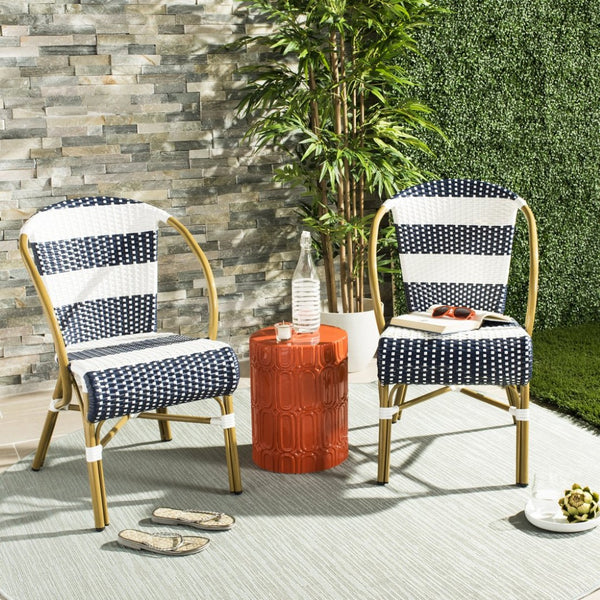 Safavieh SARITA Bistro Side Chair - Elegant Navy & White Stripes, Weather-Resistant Design for Dining Spaces PAT4009A-SET2