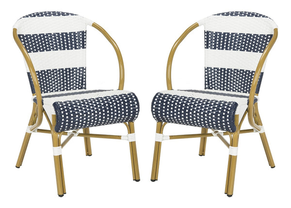 Safavieh SARITA Bistro Side Chair - Elegant Navy & White Stripes, Weather-Resistant Design for Dining Spaces PAT4009A-SET2