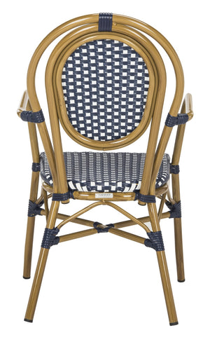 Safavieh ROSEN Arm Chair - Classic French Bistro Style with Durable Wicker Design for Indoor and Outdoor Use Navy / White PAT4014A-SET2