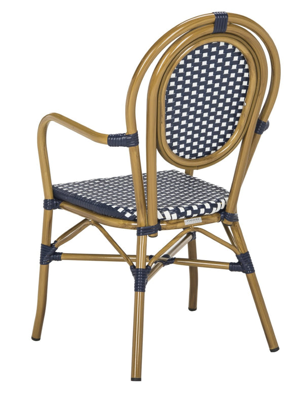 Safavieh ROSEN Arm Chair - Classic French Bistro Style with Durable Wicker Design for Indoor and Outdoor Use Navy / White PAT4014A-SET2