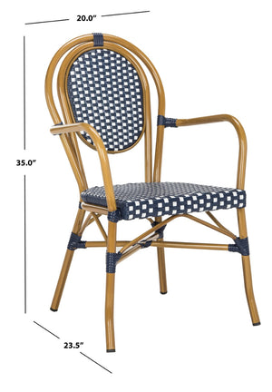 Safavieh ROSEN Arm Chair - Classic French Bistro Style with Durable Wicker Design for Indoor and Outdoor Use Navy / White PAT4014A-SET2