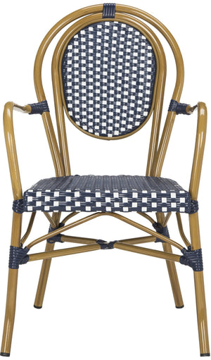 Safavieh ROSEN Arm Chair - Classic French Bistro Style with Durable Wicker Design for Indoor and Outdoor Use Navy / White PAT4014A-SET2