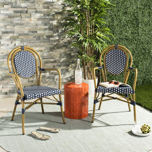 Safavieh ROSEN Arm Chair - Classic French Bistro Style with Durable Wicker Design for Indoor and Outdoor Use Navy / White PAT4014A-SET2
