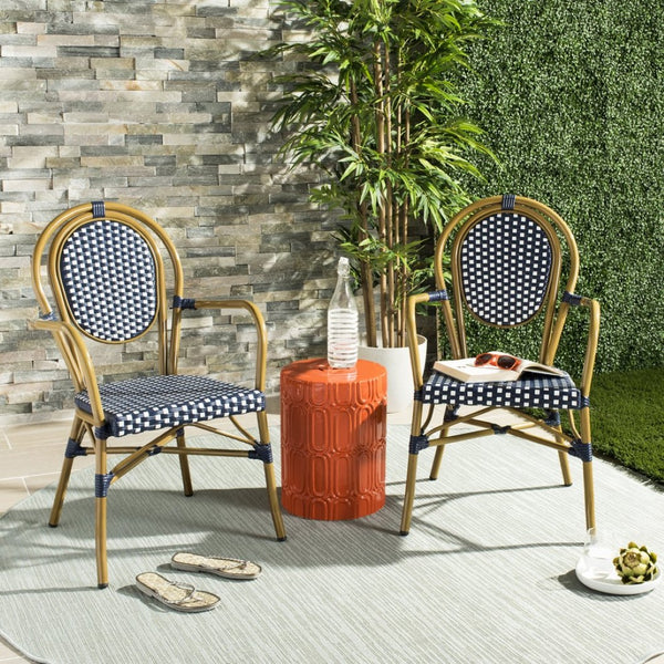 Safavieh ROSEN Arm Chair - Classic French Bistro Style with Durable Wicker Design for Indoor and Outdoor Use Navy / White PAT4014A-SET2