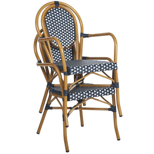 Safavieh ROSEN Arm Chair - Classic French Bistro Style with Durable Wicker Design for Indoor and Outdoor Use Navy / White PAT4014A-SET2