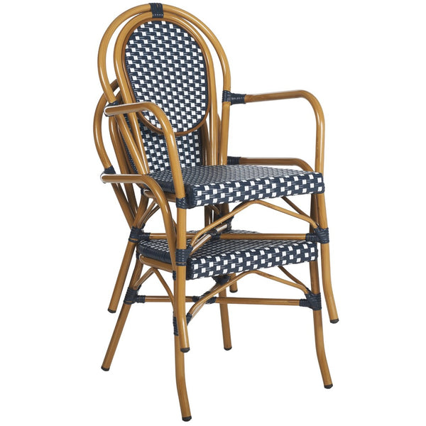 Safavieh ROSEN Arm Chair - Classic French Bistro Style with Durable Wicker Design for Indoor and Outdoor Use Navy / White PAT4014A-SET2