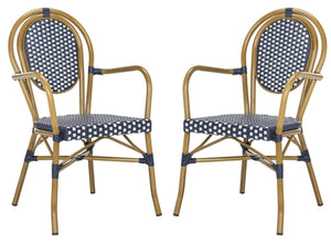 Safavieh ROSEN Arm Chair - Classic French Bistro Style with Durable Wicker Design for Indoor and Outdoor Use Navy / White PAT4014A-SET2
