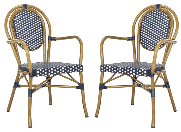 Safavieh ROSEN Arm Chair - Classic French Bistro Style with Durable Wicker Design for Indoor and Outdoor Use Navy / White PAT4014A-SET2