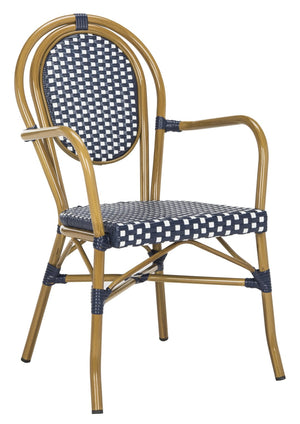 Safavieh ROSEN Arm Chair - Classic French Bistro Style with Durable Wicker Design for Indoor and Outdoor Use Navy / White PAT4014A-SET2