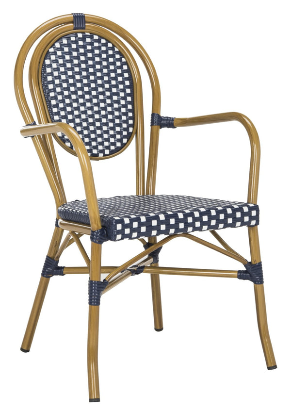 Safavieh ROSEN Arm Chair - Classic French Bistro Style with Durable Wicker Design for Indoor and Outdoor Use Navy / White PAT4014A-SET2