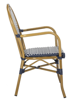 Safavieh ROSEN Arm Chair - Classic French Bistro Style with Durable Wicker Design for Indoor and Outdoor Use Navy / White PAT4014A-SET2