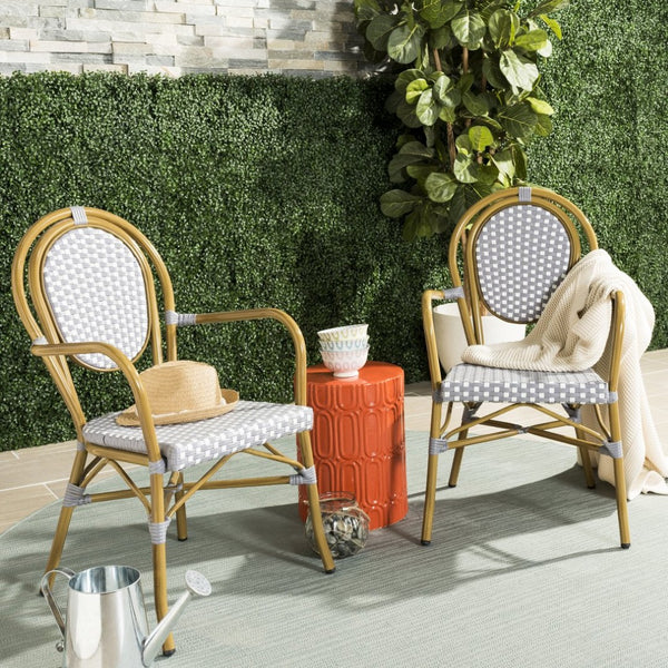 Safavieh ROSEN Arm Chair - Classic French Bistro Style with Durable Wicker Design for Indoor and Outdoor Use Grey / White PAT4014B-SET2