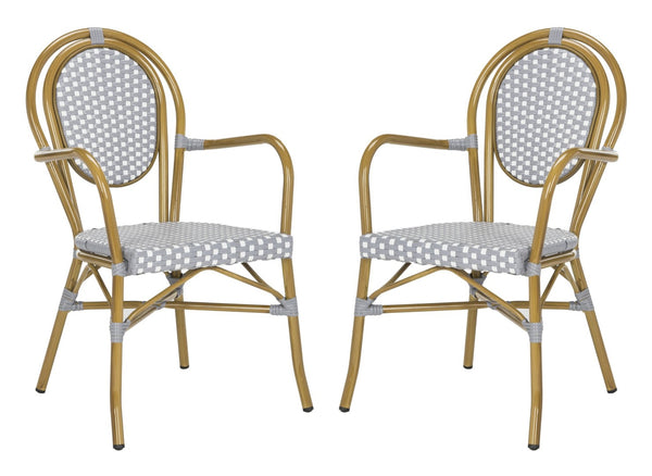 Safavieh ROSEN Arm Chair - Classic French Bistro Style with Durable Wicker Design for Indoor and Outdoor Use Grey / White PAT4014B-SET2