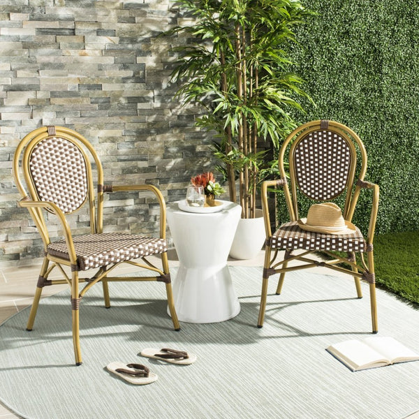 Safavieh ROSEN Arm Chair - Classic French Bistro Style with Durable Wicker Design for Indoor and Outdoor Use Brown / White PAT4014C-SET2