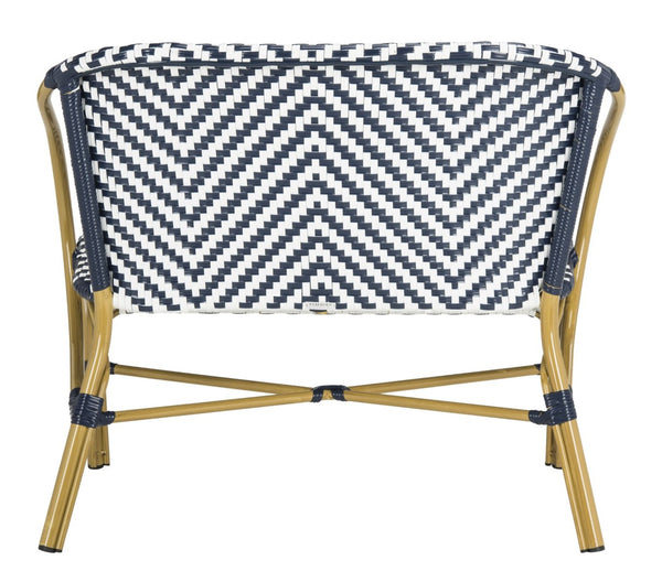 Safavieh DANDRA Elegant Herringbone Rattan Settee – Stylish Outdoor Seating for Patios and Sunrooms Navy / White PAT4016A