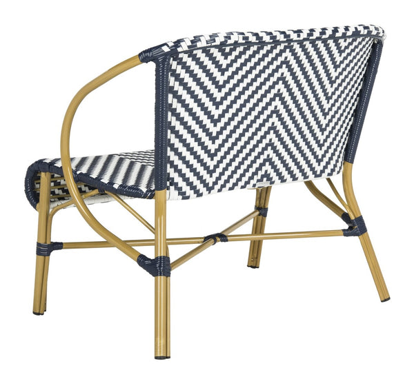Safavieh DANDRA Elegant Herringbone Rattan Settee – Stylish Outdoor Seating for Patios and Sunrooms Navy / White PAT4016A