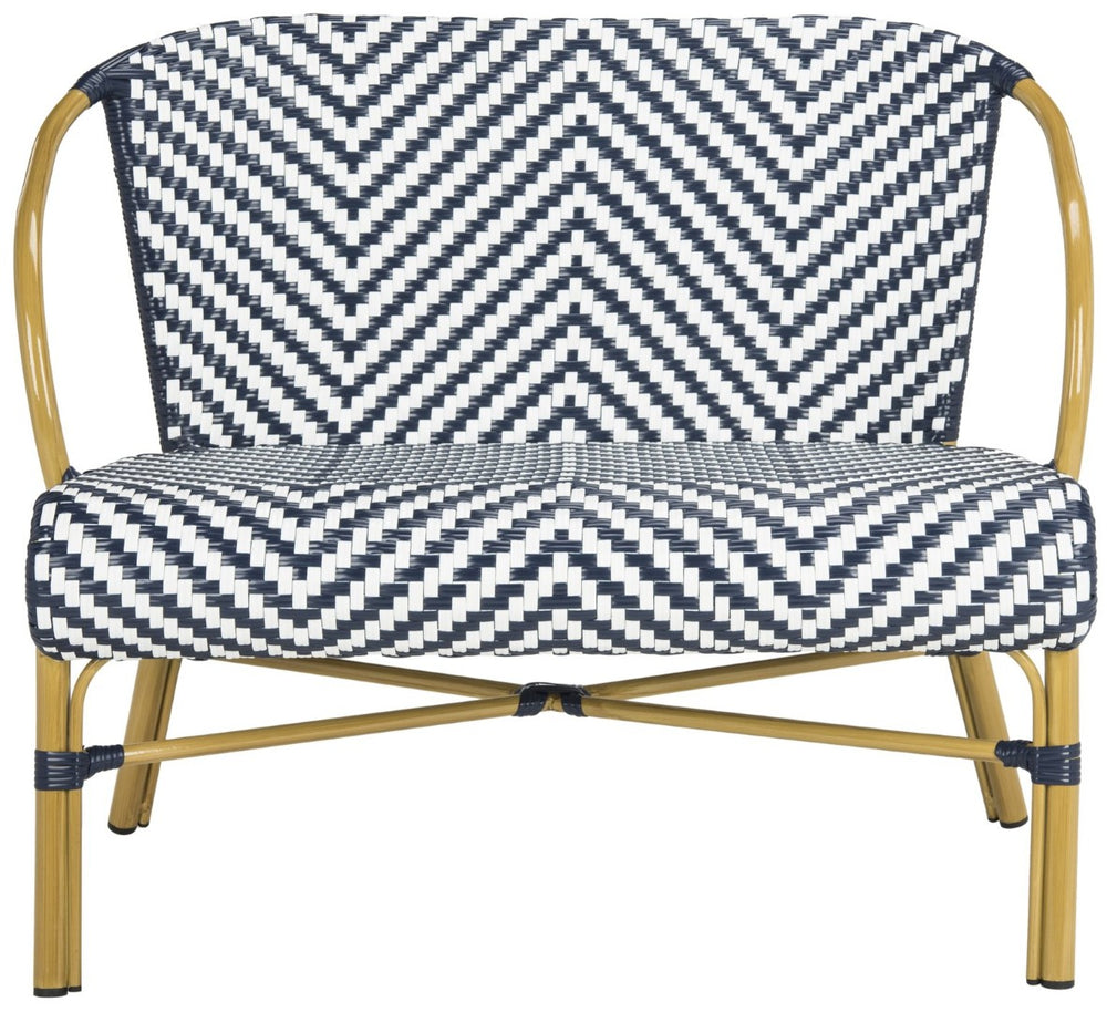 Safavieh DANDRA Elegant Herringbone Rattan Settee – Stylish Outdoor Seating for Patios and Sunrooms Navy / White PAT4016A