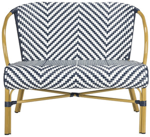 Safavieh DANDRA Elegant Herringbone Rattan Settee – Stylish Outdoor Seating for Patios and Sunrooms Navy / White PAT4016A