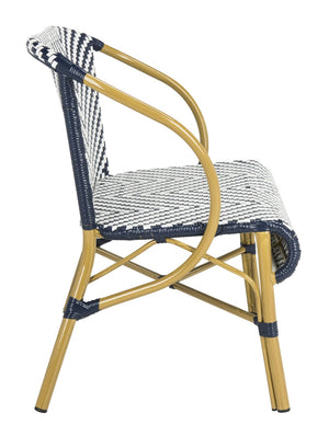 Safavieh DANDRA Elegant Herringbone Rattan Settee – Stylish Outdoor Seating for Patios and Sunrooms Navy / White PAT4016A