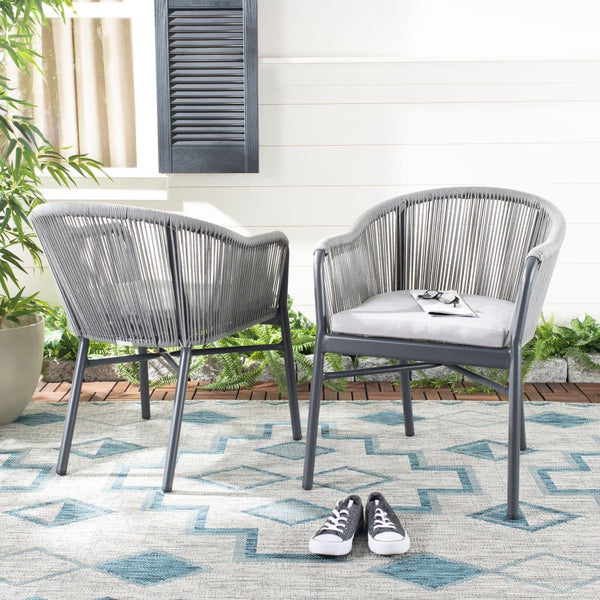 Safavieh NICOLO Stylish Grey Rope-Back Patio Chair with Cushioned Seat for Modern Outdoor Comfort & Elegance PAT4027A-SET2