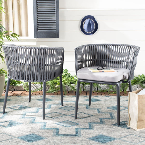 Safavieh KIYAN Rope Chair - Stylish Grey Outdoor Seating with Durable Nylon Rope & Wicker for Patios, Decks PAT4028A-SET2