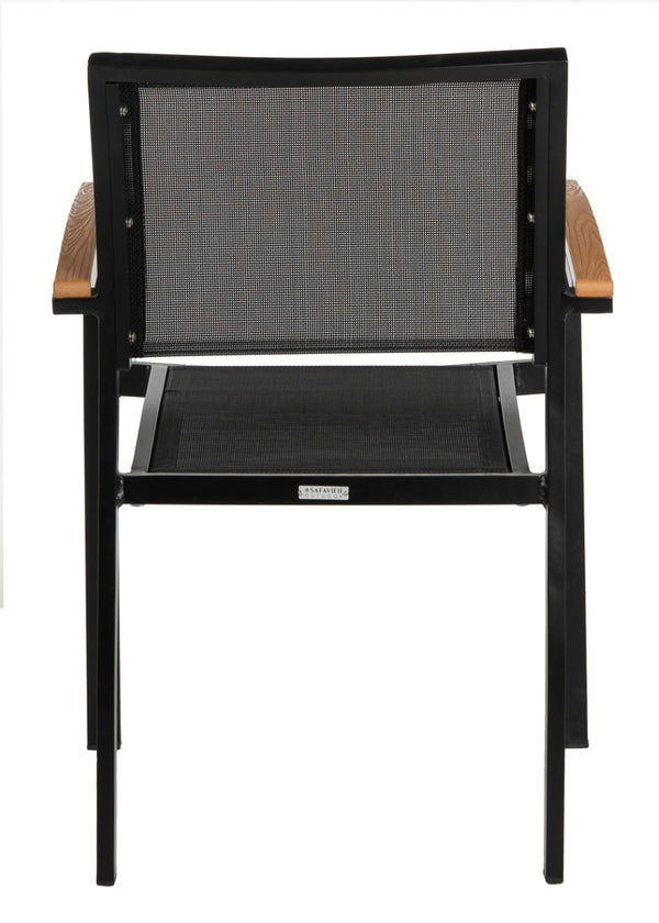 Safavieh KAELAN Outdoor Stackable Chair - Stylish Black Aluminum Frame with Brown Armrests for Modern Patios PAT4030A-SET2