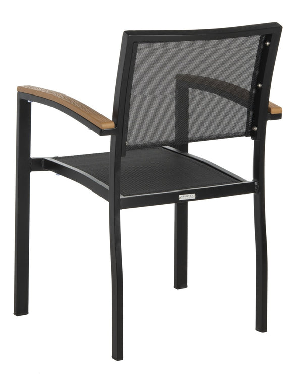 Safavieh KAELAN Outdoor Stackable Chair - Stylish Black Aluminum Frame with Brown Armrests for Modern Patios PAT4030A-SET2