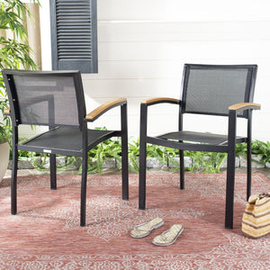 Safavieh KAELAN Outdoor Stackable Chair - Stylish Black Aluminum Frame with Brown Armrests for Modern Patios PAT4030A-SET2