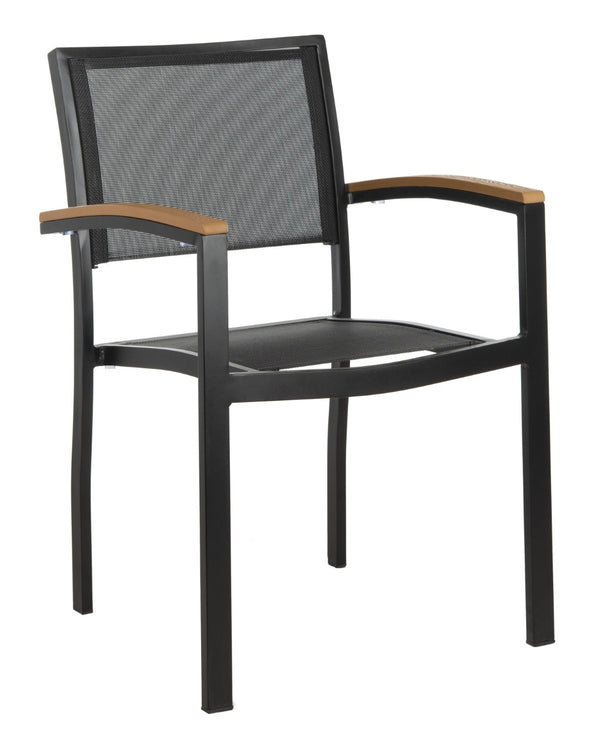 Safavieh KAELAN Outdoor Stackable Chair - Stylish Black Aluminum Frame with Brown Armrests for Modern Patios PAT4030A-SET2