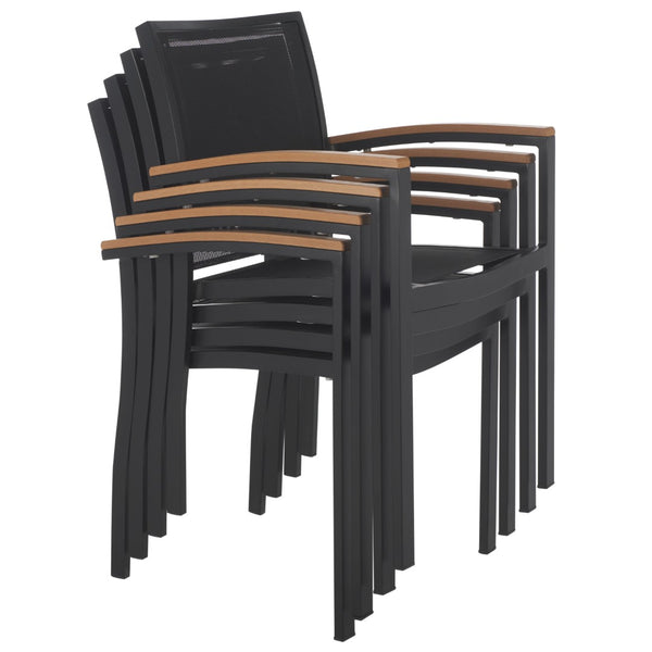 Safavieh KAELAN Outdoor Stackable Chair - Stylish Black Aluminum Frame with Brown Armrests for Modern Patios PAT4030A-SET2