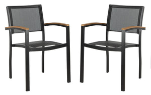 Safavieh KAELAN Outdoor Stackable Chair - Stylish Black Aluminum Frame with Brown Armrests for Modern Patios PAT4030A-SET2
