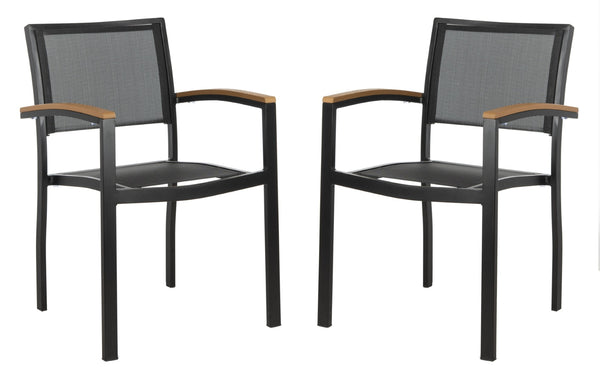 Safavieh KAELAN Outdoor Stackable Chair - Stylish Black Aluminum Frame with Brown Armrests for Modern Patios PAT4030A-SET2