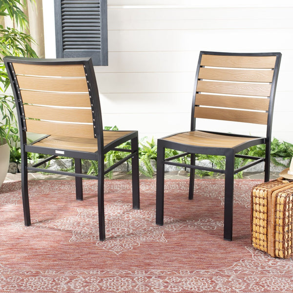 Safavieh KODA Stackable Outdoor Chair - Stylish Black Frame with Light Brown Wood Look for Patios & Decks PAT4031A-SET2