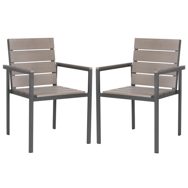 Safavieh BELDAN Stackable Outdoor Chair - Distressed Taupe Wood-Look, Durable Aluminum Frame for Easy Storage PAT4033A-SET2