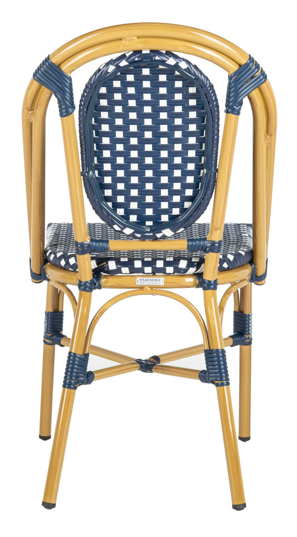 Safavieh LENDA Elegant French Bistro Chair - Navy & White Woven Seat with Brown Frame for Outdoor Charm PAT4036A-SET2