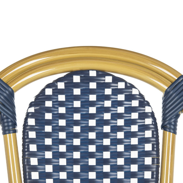 Safavieh LENDA Elegant French Bistro Chair - Navy & White Woven Seat with Brown Frame for Outdoor Charm PAT4036A-SET2