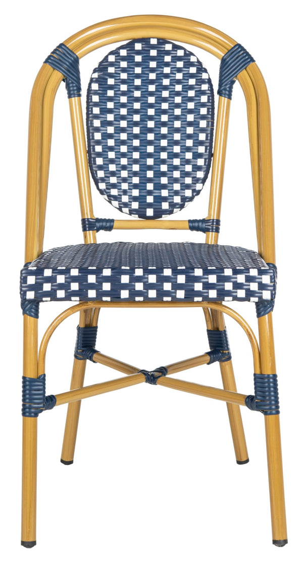 Safavieh LENDA Elegant French Bistro Chair - Navy & White Woven Seat with Brown Frame for Outdoor Charm PAT4036A-SET2