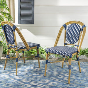 Safavieh LENDA Elegant French Bistro Chair - Navy & White Woven Seat with Brown Frame for Outdoor Charm PAT4036A-SET2